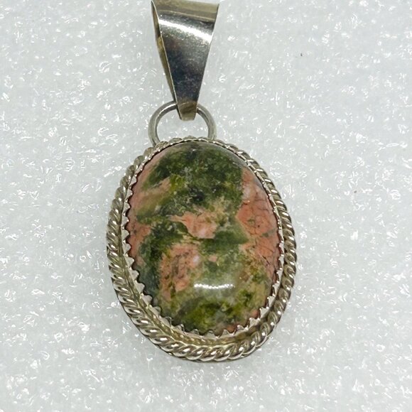 Handcrafted Sterling Silver 925 Oval Pendant Unakite Stone Green & Pink MKM - Picture 4 of 7